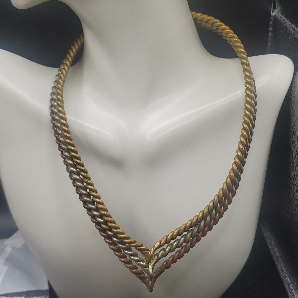 Overflow mid century classic V estate collar necklace multi metal
